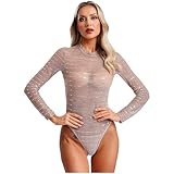 dPois Damen Langarm Bodysuit Einteiler Body Durchsichtig Overall Unterhemd Oberteil Blusenbody mit Pailletten Sexy Unterwäsche Stretch Altrosa L