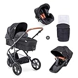 Hauck Dreirad Kombi Kinderwagen Pacific 3 Shop N Drive, inkl. Babywanne umbaubar zu Sportsitz, inkl. Autositz, inkl. Beindecke, Sitz Wendbar, Höhenverstellbar, Große Räder, Schwarz, 1 Stück