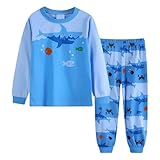 Langarm Schlafanzug Jungen Pyjamas Zweiteiliges Set Winter Baumwolle Bedrucken T Shirt Und Hose Kinder Mädchen Weich Leicht Schlafanzug Sets 2 Teilig Einfarbige (Light Blue, 12-18 Months)