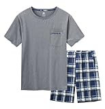 MoFiz Herren Schlafanzug Kurz Pyjama-Set Sommer Weich Zweiteilig Runder Ausschnitt Kurzarm T-Shirt & Karierte Schlafhose Kurz Hausanzug Nachtwäsche Set Dunkelgrau US 3XL/ EU 4XL