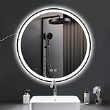 PESENXAN 50cm Runder LED Badezimmerspiegel mit Dimmbar, 3 Farben & Speicherfunktion - IP44 Wasserdicht, Aluminiumrahmen, Schwarzer Badspiegel mit Beleuchtung