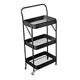 SVITA Servierwagen mit Rollen klappbar 3 Etagen mit Griff Küchenwagen klein Allzweckwagen mit Körben Rollwagen Badezimmer Regal Schwarz