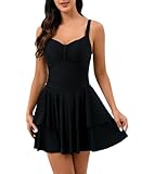 Halcurt Badeanzug Damen mit Cups Einteiliger Schwimmkleid Ruched Bauchweg Schwimmrock Badekleid XXL