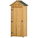 Outsunny Gartenschrank Holz, Geräteschuppen wetterfest 77x54,2x179cm, Gerätehaus mit Tür, Satteldach, Geräteschrank mit Böden, Werkzeugschrank Gartenschuppen für Garten, Terrasse, Gelb+Grün