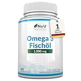 Omega 3 Fischöl 1000mg - 365 Softgelkapseln - Reines Fischöl aus Nachhaltigem Fischfang - 900mg EPA & DHA pro dosiert - Nu U Nutrition