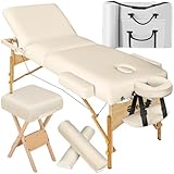 tectake® Massageliege klappbar, höhenverstellbar, Möbel und Zubehör für Massage, Tattoo oder Kosmetik, extra dick gepolstert, Zubehör 2 Lagerungsrollen, Hocker, Tasche, Aluminium Kopfstütze - beige
