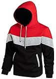 Hoodie Herren Pullover Sweatshirt Farbblock Vlies Langarm Kapuzenpullover Sweatjacke mit Tasche Rot Grau Schwarz L