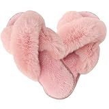 Milaloko Frauen Fluffy Cross Band Haus Hausschuhe Fuzzy Open Toe Hausschuhe Slip-on Cozy Plüsch Home Schuhe Indoor Outdoor, Rosa, 40-41