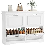 Brinlawb Schuhschrank Weiß Schuhkipper mit 4 Klappen, Schuhkommode Schuhregal mit Trennwände verstellbar und abnehmbar, für 18-24 Paar Schuhe, Schuhschrank Holz für den Eingang, Flur, Wohnzimmer Weiß