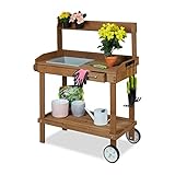 Relaxdays Pflanztisch mit Rollen, Wanne & Schublade, Holz, Kunststoff, HBT: 120 x 97 x 49 cm, Garten Arbeitstisch, braun
