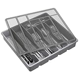 Lifewit Besteckkasten mit Deckel, Besteckaufbewahrung für Küchenschublade und Arbeitsplatte, Besteckkasten aus Kunststoff für Löffel, Gabeln, Messer, Einsatz, 6 Fächer, 32 x 30 cm, Grau