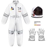 Generisch 2026 Astronaut Kostüm Kinder 3Pcs Weiß Astronauten Kind Unisex Overall Helm Silberne Handschuhe Weltall Astronauten Kostüm für Mädchen Jungen Raumfahrer Spaceman Outfit Halloweenges