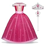 URAQT Aurora Mädchen Prinzessin Kleid, 3teiliges Dornröschen Kinder Mädchen Kostüm Set mit Kronen, Zauberstabzubehör，Rose Rot Spitze Prinzessin Kleid für Karneval, Weihnachten, Mottoparty Cosplay 150