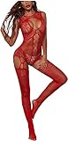 V-Ting Sexy unterwäsche dessous damen erotik set Netz durchsichtiges Bodystocking bodysuit catsuit Nachtwäsche (Rot Gitter, S/M/L)