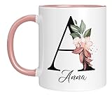 Personalisierte Keramik, Tasse - -mit Blumen Motiv - mit Ihrem Anfangsbuchstaben und Namen - - Geburtstag - Kaffeetasse - beidseitig bedruckt - Geschenke für Frauen (Rosa)