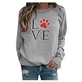 Neck Heart Loose Long Pullover Round Sleeve Damen Print Casual Hoodie Damenbluse Wickelshirt Damen Langarm (Grey, L)