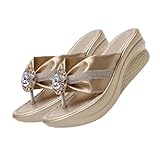 VALICLUD Damen Beach Sandalen mit Strassbesatz Plateau Sohle Leichte Sommer Slides für Urlaub Party Strand Bequeme Modische Zehentrenner in Gold