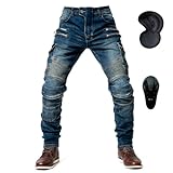 oFzimTo, Herren-Motorradhose mit Protektoren, elastische Motorradjeans mit Schutzabdeckung der zweiten Generation, CE-Kennzeichnung (EN1621-1:2036), blau, L