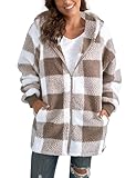 ABINGOO Damen Teddy Fleece Mantel Kariert Warm Winterjacke Kapuzenjacke Flauschig Plüschjacke Reißverschluss Sweatshirt mit Kapuze und Taschen(Beige,M)