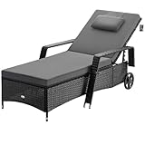 Casaria® Sonnenliege mit Rollen 7cm Auflage Extra Breit 90cm Gartenliege Wetterfest 165kg Belastbar Verstellbar Balkonmöbel Liegestuhl Polyrattan Schwarz Anthrazit