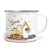 miKalino Emaille Tasse Jungs - Trinkbecher Kinder personalisiert - Emaille Becher mit Bagger-Motiv - Kindertasse mit Namen - Kindertasse bedruckt - Emaille Becher Weiß