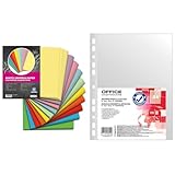 Landré 250 Blatt A4 buntes Universal-Papier, 80g/m², Drucker-Papier, 10 Farben & OFFICE PRODUCTS Prospekthüllen / 100 Stück/Din A4/ Glasklar Oben Offen Klarsichthüllen