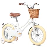 Glerc 12 Zoll Kinder Mädchen Fahrrad für 3 4 5 Jahre alt kleine Mädchen Retro Vintage-Stil Fahrräder mit Korb Training Räder und Glocke, Weiß