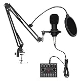 SAUADY Kondensator Mikrofon mit Audio Interface Soundkarte Dj Mischer Mikrofon Audio Mixer Mischpult Kit für Live-Streaming Broadcasting Schwarz
