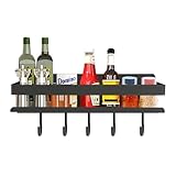 Wandregal Küche - Küchen Wandregal - Gewürzregal Wand, 30 cm, aus Carbonstahl, mit 5 Haken, Graues Wandregal für Küche und Bad, Praktischer Organizer für Gewürze, Handtücher und Küchenutensilien