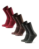 Merinowolle Wandersocken für Herren, Damen & Kinder, 3 Paare, Trekkingsocken, Atmungsaktiv, Gepolstert, Antiblasen Polsterung, Merino Funktionssocken (Mehrfarbig (braun, rot, grün), EU 43-47)