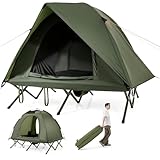 COSTWAY Feldbett mit Zelt für 2 Personen, Campingbett mit Regenschutz, 2 Netztüren, Dachfenster & Rolltasche, Campingliege, 300 kg Tragkraft, 194 x 145 x 150 cm, Grün
