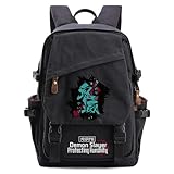 Roffatide Cartoon Dämon Slayer Tanjirou Print Casual Rucksack Nezuko Laptop Rucksack Reise Wandern Rucksack Klappe mit Kunststoff Schnallen Verschluss Schwarz