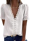 Dokotoo Damen Bluse Weiß Boho Spitze T-Shirt Tops Elegant Frühling Sommer V-Ausschnitt Oberteile Tunika X-Large
