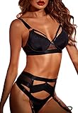 Luckism Damen Sexy Dessous Unterwäsche Set Strapse Dessous Set mit Strumpfband mit Strumpfband für Frauen 4 Stück Schwarz, Typ 1 - Schwarz (4 Stück), XX-Large, Typ 1 - Schwarz (4 Stück), 48