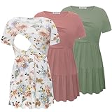 Bearsland Women’s Nursing Top 3pack Short Sleeve Scoop Neck Nursing Shirt Breastfeeding Shirts, Grayish Green & Rose Pink & Brown Flowers, S