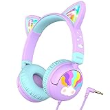 iClever Kinder Kopfhörer, LED Beleuchtetes Katzenohr, 85dBA Sichere Lautstärke, Stereo Sound, Faltbare 3,5mm Kleinkind Kopfhörer mit Kabel für iPad, Tablets, Schule, Reisen