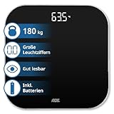 ADE Digitale Personenwaage mit klarer LED-Anzeige | präzise Körperwaage | Wiegefläche aus Sicherheitsglas | bis 180 kg | schwarz | inkl. Batterien