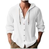 Gutschein zum ausdrucken Leinenhemd Herren Baumwolle Leinen Hoodie Einfarbig Hoody Oberteile Knopfleiste Langarm Hemd mit Kapuze Modische Langarmshirt Schlank Sommer Shirt Leichte