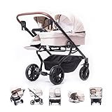 ZEKIWA Geschwisterwagen 3 in 1 [+ SPORTWAGENAUFSATZ] Zwillingswagen 3 in 1, Gestell schwarz + Wickeltasche + Regenschutz einfachen Klappsystem - inkl. Becherhalter - Zekiwa DreamDuo Beige