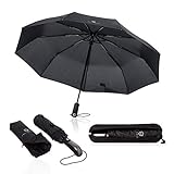 VON HEESEN® Regenschirm sturmfest bis 140 km/h - inkl. Schirm-Tasche & Reise-Etui - Taschenschirm mit Auf-Zu-Automatik, klein, leicht & kompakt, Teflon-Beschichtung, windsicher, stabil (Schwarz)