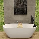 KOLMAN Freistehende Badewanne 170x75 cm ASGER, Ablaufgarnitur VIEGA Click-Clack, Weiß, Exclusive, Modern + Schwarz Badewannenkissen + Bambus Badewannenablage