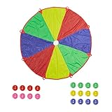 Relaxdays Schwungtuch Kinder, Ø 3,5 m, 20 Bälle, 8 Griffe, Schwingtuch, Regenbogen Tuch draußen, Fallschirm Spiel, bunt