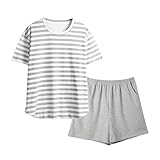 Nachthemd Damen Baumwolle Damen 2er Set Gestreifte Kurzarm T-Shirts und Shorts Passende Sets Pyjama Nachtwäsche Outfits Nachtwäsche Damen Sexy Set Damen Nachtwäsche (Grey, C)