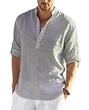 COOFANDY Herren Leinenhemd Stehkragen Langarm Sommerhemd Regular Fit Casual Leinen Shirt Strand Fischerhemd Grau XL