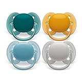 Philips AVENT ultra soft Schnuller - 4er Pack, BPA-freier, extra weicher Schnuller für Babys von 6-18 Monaten, inklusive Transport- und Sterilisationsbox, Sortiert (orange/blau/grau)