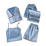 Satin Schlafanzug Damen Kurz 4 Schlafanzug Kurzarm Nachtwäsche Und Shorts Set Frauen Sets Hausanzug Loungewear Schlafmantel Frauen, dunkelblau, XXL
