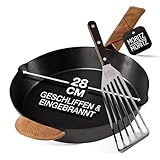Moritz & Moritz Gusseisenpfanne Induktion 28 cm - Voreingebrannte Antihaft Pfanne Gusseisen Induktion für alle Herdarten, Ofen & Grill geeignet - Inkl. Pfannenwender - Cast Iron Pan Induction