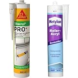 Sikacryl – Acryldichtstoff – Sikacryl PRO+ Weiß & Metylan Maler-Acryl Wand & Decke, für innen und außen, für bewegungsarme Fugen, einfache Handhabung, überstreichbar, Weiß, 1x300ml