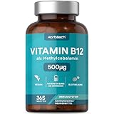 Vitamin B12 Hochdosiert 500µg pro tablette | 1 Jahr Vorrat - 365 Vegane Stück | Hochdosiert Reines Methylcobalamin Supplement | 500µg | Horbaach