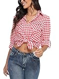 Yukiuiny Damen Karohemd 100% Baumwolle Langarm Holzfäller Hemd Weich Flanellhemd Trachten Karierte Bluse für Oktoberfest,Weiss-rot,XL